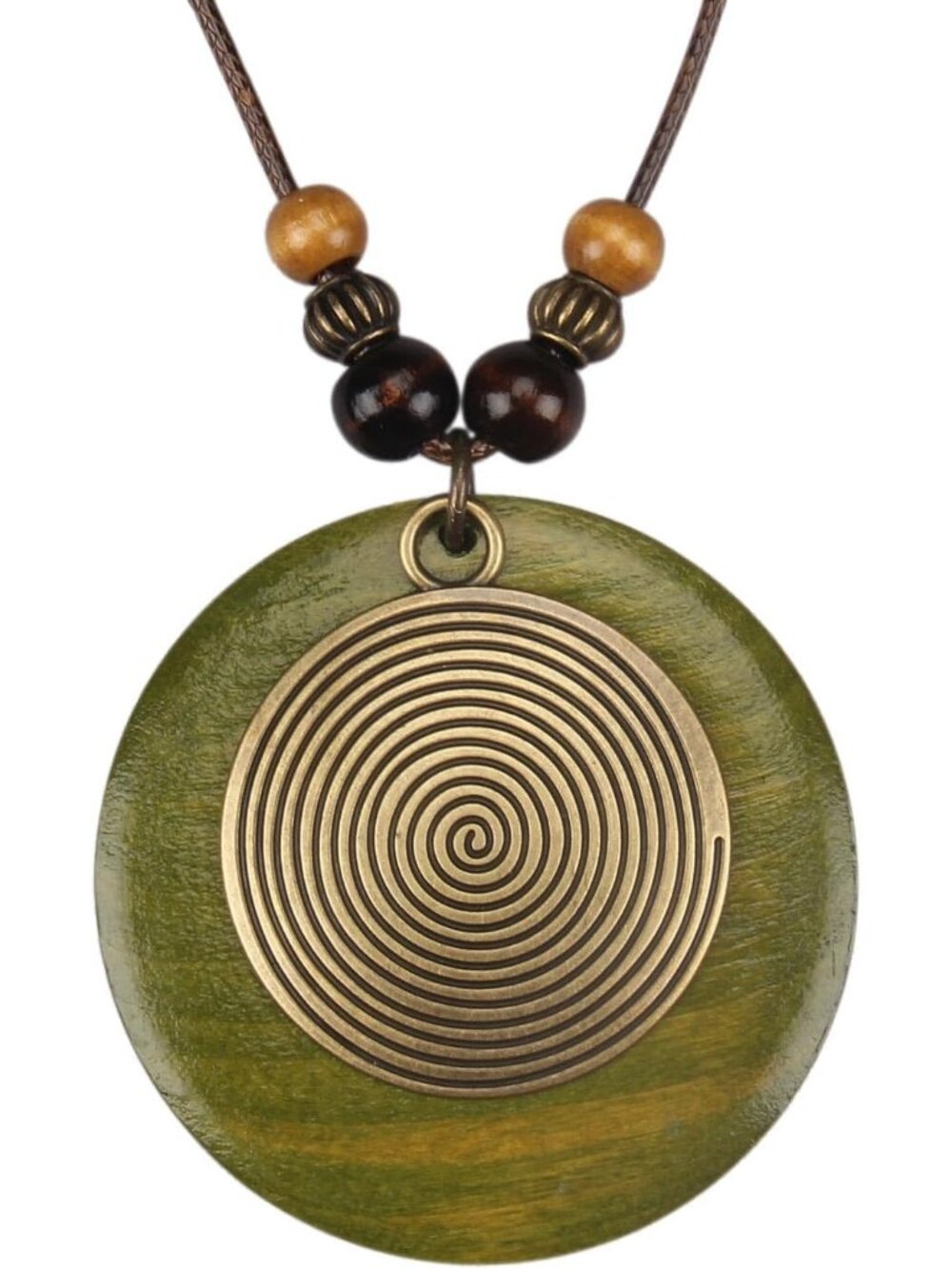 Women's Boho Green Wooden Spiral Pendant Necklace Vintage Round Disc Choker